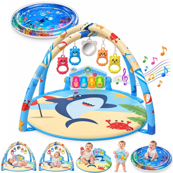 Wonderstone 2 in 1 Baby Play Gym with Round Ocean Water Mat, Infant Activity Playmat with Light & Music, Tummy Time Play Gym for Newborn 0-12 Months, Blue
