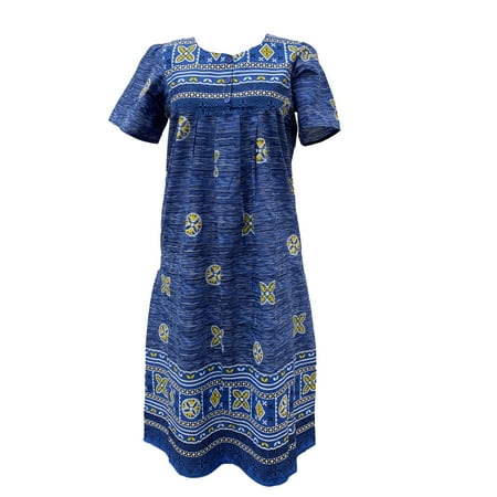 

Women s Short Sleeve Blue Lounger House Dress - 3 Button Bib Yoke and Pockets