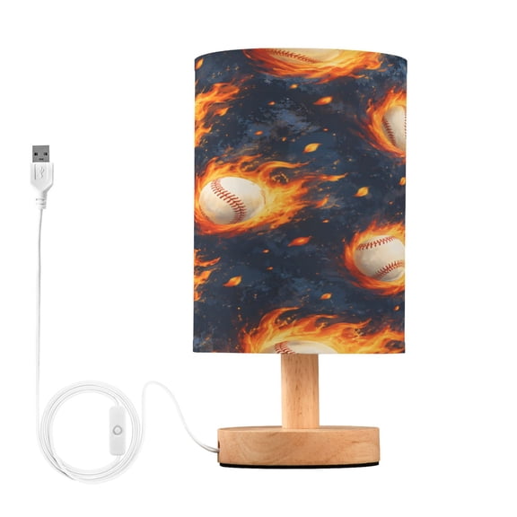 Baseball Fire Table Lamp, Fully Dimmable Nightstand Lamp with USB and Linen Fabric Shade, Modern Gifts for Bedroom, Living Room, Office
