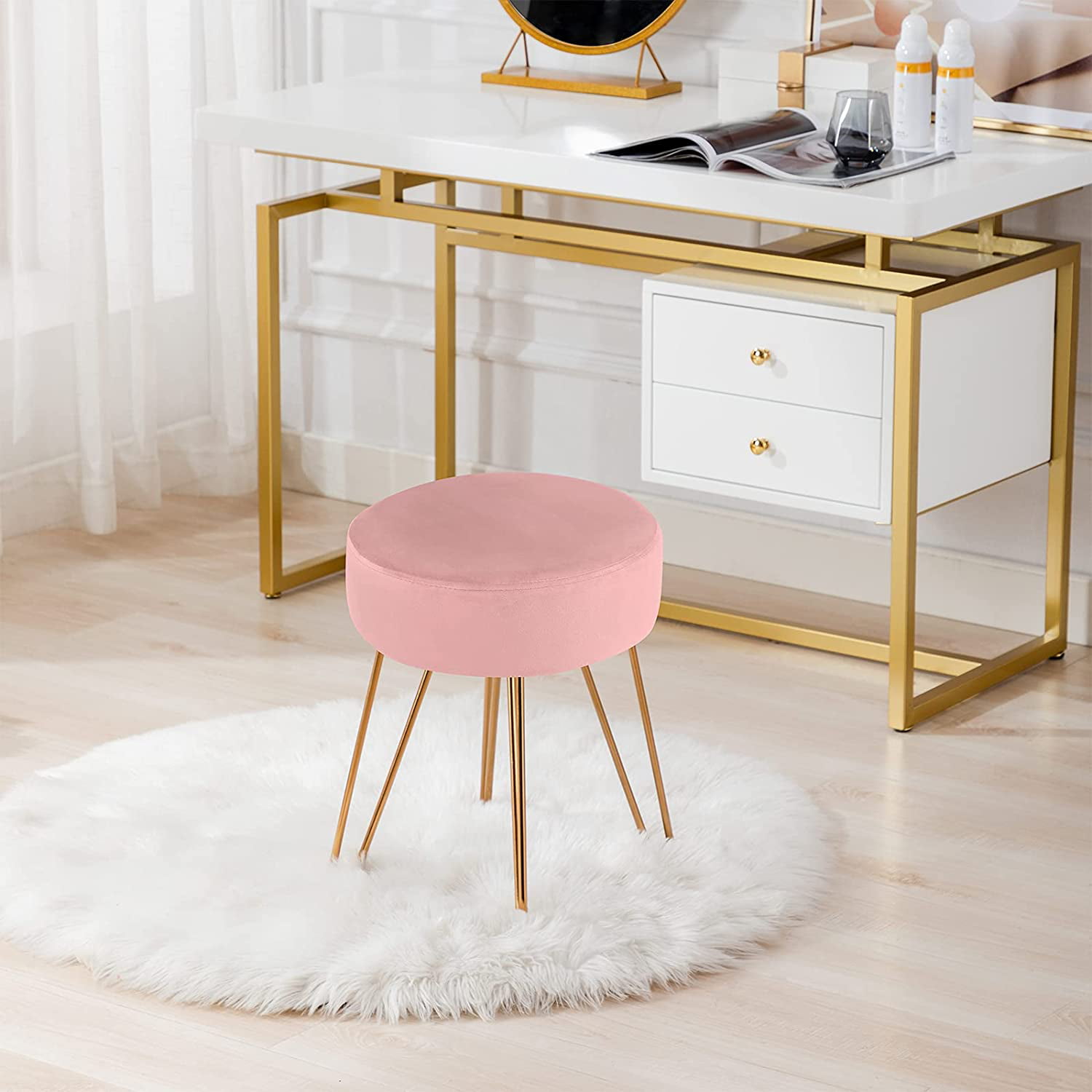 Hdxdkog Foot Stool, Modern S-Shape Teddy Fabric Ottoman Makeup Chair  Footstool Under Desk, Upholstered Extra Seating for Living Room, Bedroom
