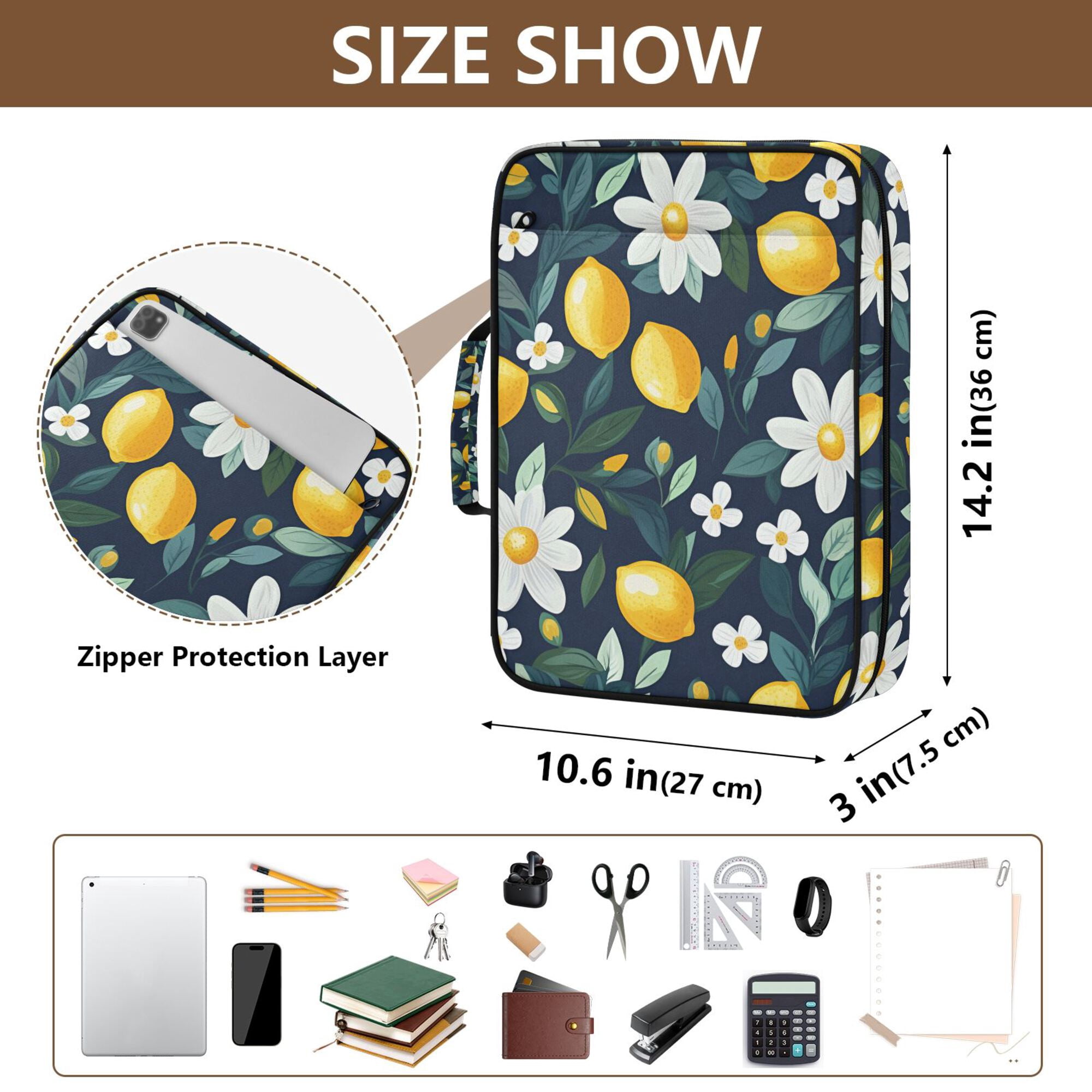 FORMRS Accordion File Folder A4 Size 7-Pocket Expanding Document Organizer Bag with 3 Ring Binder, Lemon Flowers