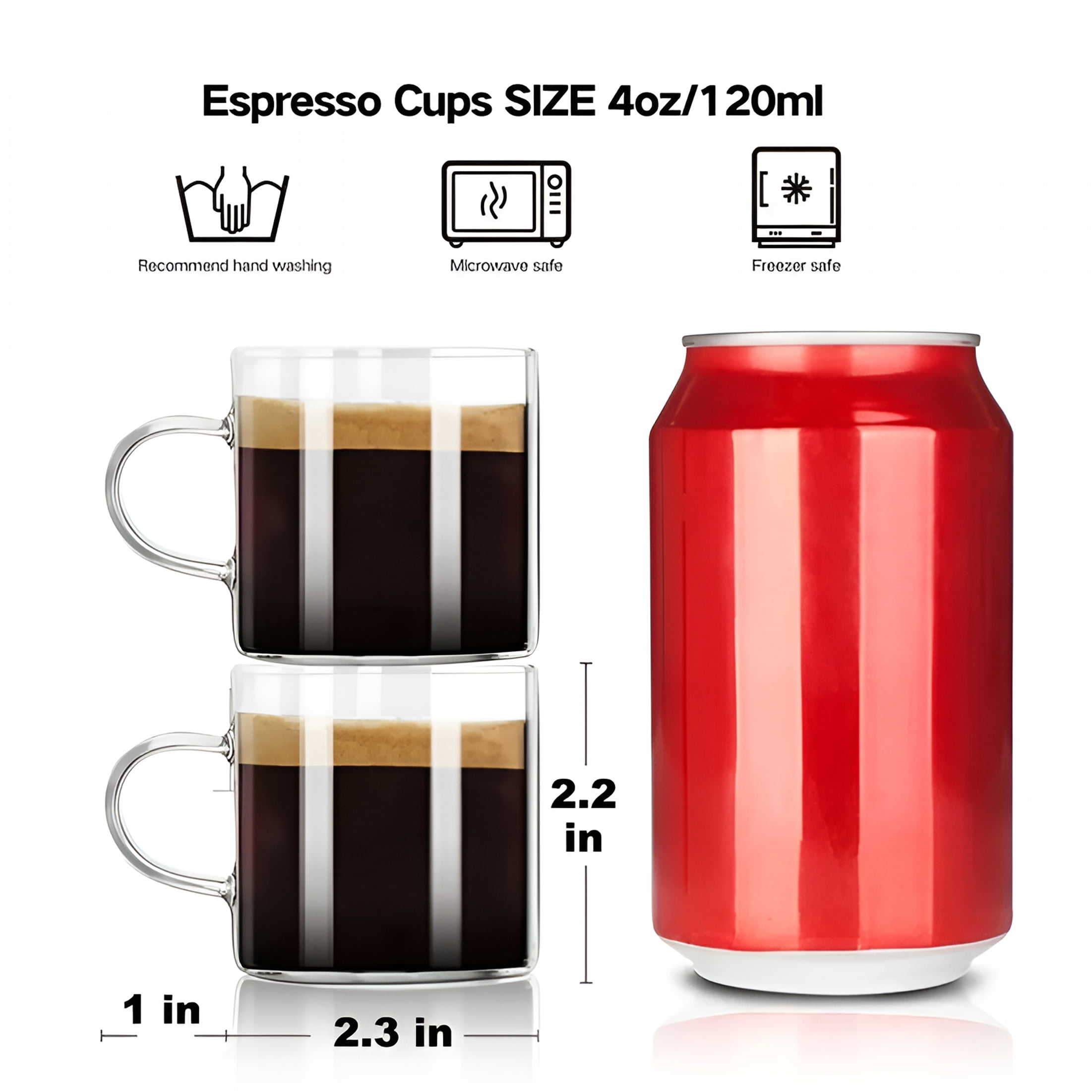 ACDANC 4 Oz Double Wall Glass Coffee Mugs,Glass Tea Cup with Widened Handles for Espresso Coffee,Cappuccino,Tea Bag,Latte,Hot Cold Beverages,Juice,Clear Glass Mugs with Handles Cappuccino Cup