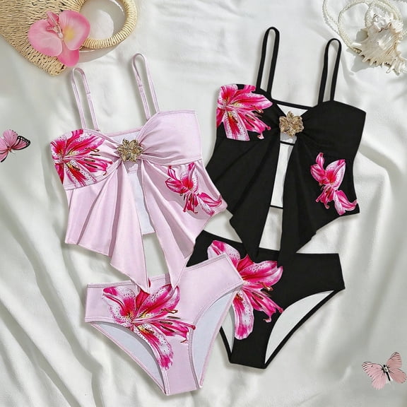 Baby Girl Swimsuit Cute Printed Bikini 2 Piece Fashionable Separates for Kids Toddler Bathing Suit Girl Black 9-10 Years