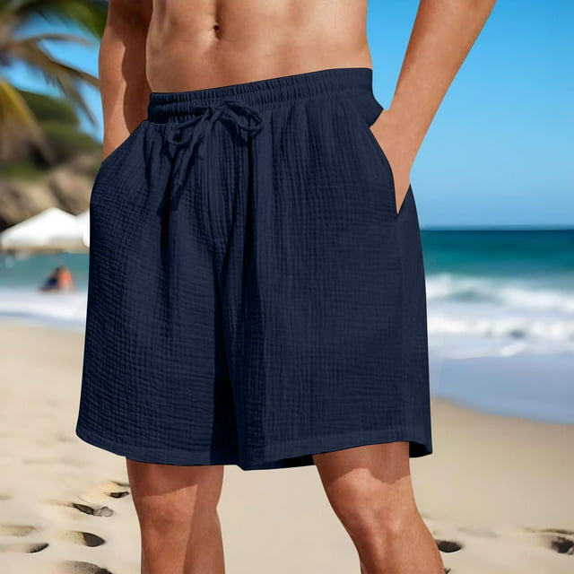 Admvng Mens Shorts Solid Color Holiday Breathable Elastic Waist Shorts with Pockets S-3XL