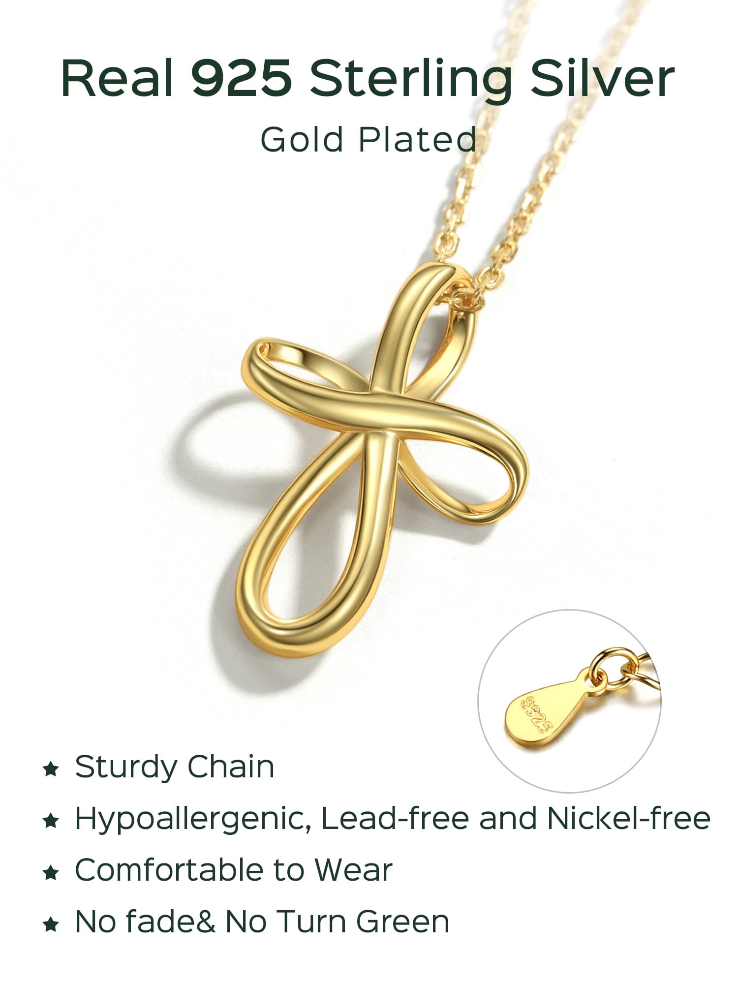 ChicSilver Infinity Cross Necklace 14K Gold Plated Sterling Silver Twisted Cross Pendants Religious Jewelry Gifts for Women 18+2 Inch