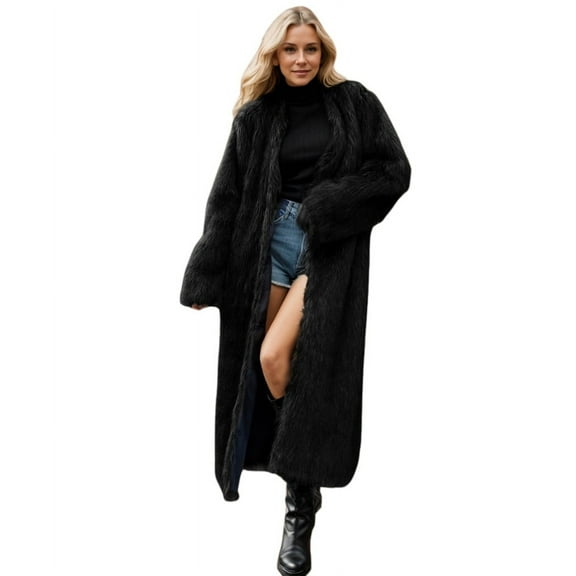 DEBIMY Women Luxury Faux Fur Open Front Overcoat Fluffy Warm Outerwear with Pockets for Winter Business Casual Black S