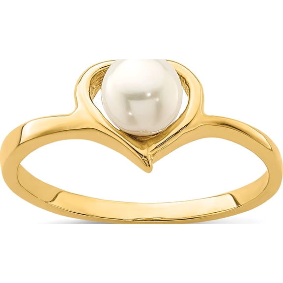 14K Yellow Gold Madi K 4-5mm White Button Freshwater Cultured Pearl Heart Ring (Size 4) Made In Canada se2879