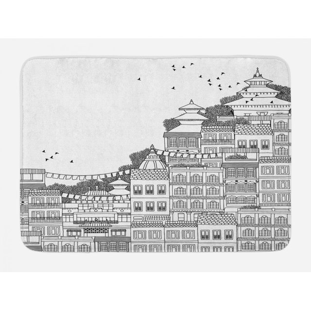 Nepal Bath Mat, Hand Drawn Monochrome Scene from Kathmandu Urban Life