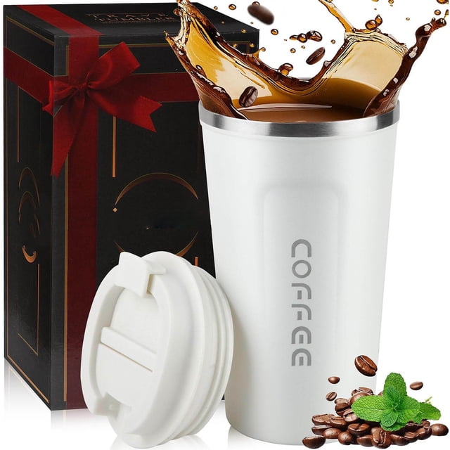 Taza de Café Térmica de Acero Inoxidable 304 para Bebidas Frías y Calientes, Tapa Hermética, Ideal para Oficina, Auto y Parque - Mantiene Temperatura (Blanco)
