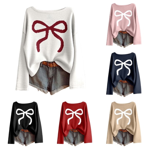 Red Bow Sweater Women Crewneck Cute Long Sleeve Shirt Pullover Blouse Knitted Jumper Tops Cute Sweatshirts for Women Fall Basic Clothes 2026