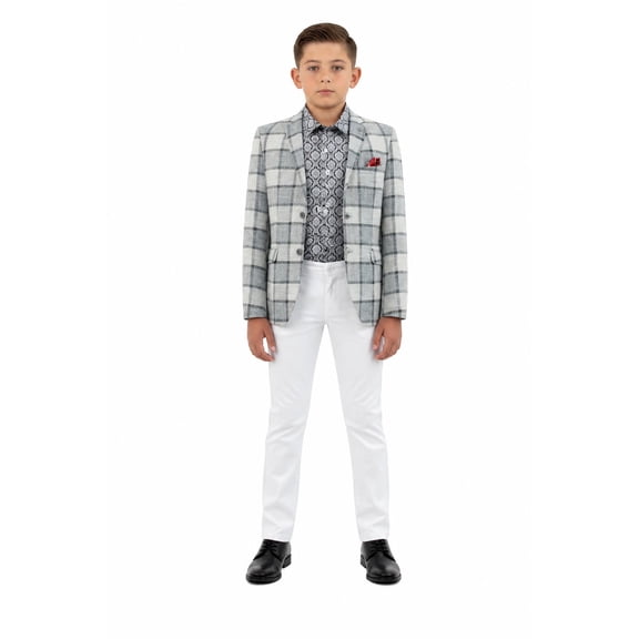 Elie Balleh Boy's Big Plaid Blazers Sports Coat Jacket White - L/6-7