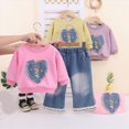 thumbnail image 4 of Toddler Girls Outfits 9 12 18 24 Months 2T 3T 4T 5T Girls Fall Winter Clothes Toddler Girls Ruffle Long Sleeve Cute Top Jeans Bell-bottomed Pants 2PCS Set Yellow Size 3-4 Years, 4 of 5