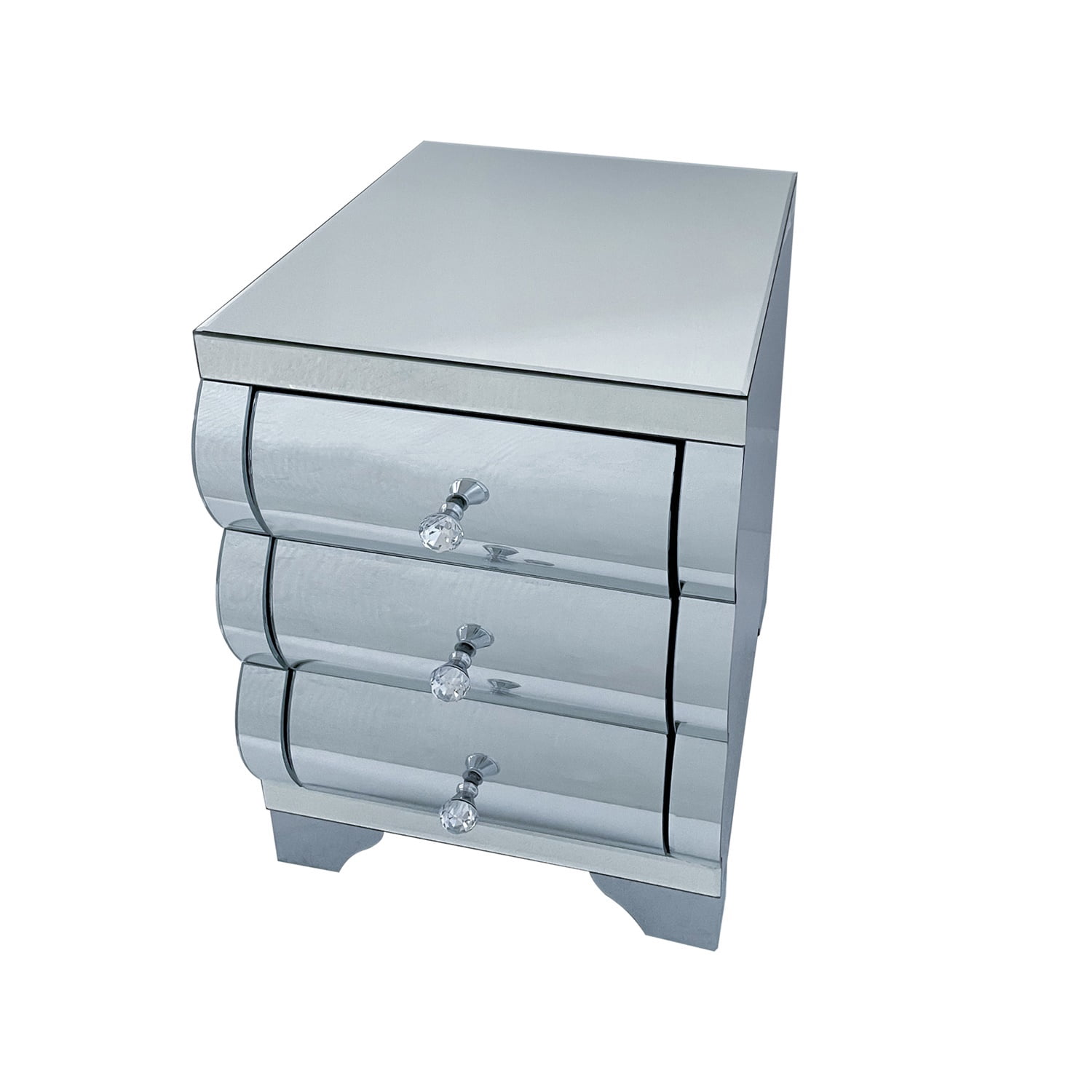 Hommoo Modern Baked Curved Mirror Nightstand with 3 Drawer, Mirrored Bedside Table End Table Chest of Drawers for Bedroom, Living Room, Silver