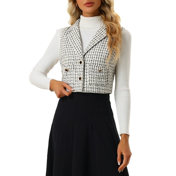INSPIRE CHIC X AUTOHAUX Women's Tweed Vest Notched Lapel Collar Sleeveless Vintage Plaid Crop Waistcoat White XL