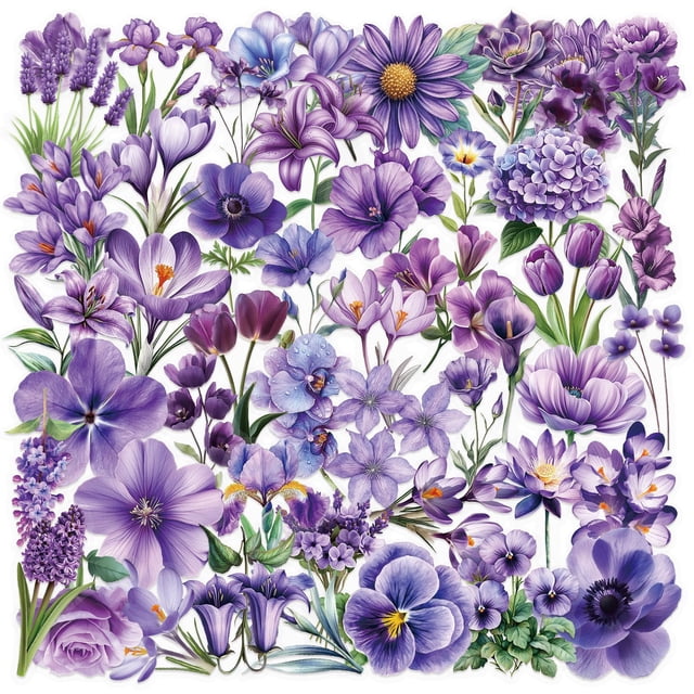 Pegatinas para álbumes de recortes con flores moradas, 50 unidades, PET transparente