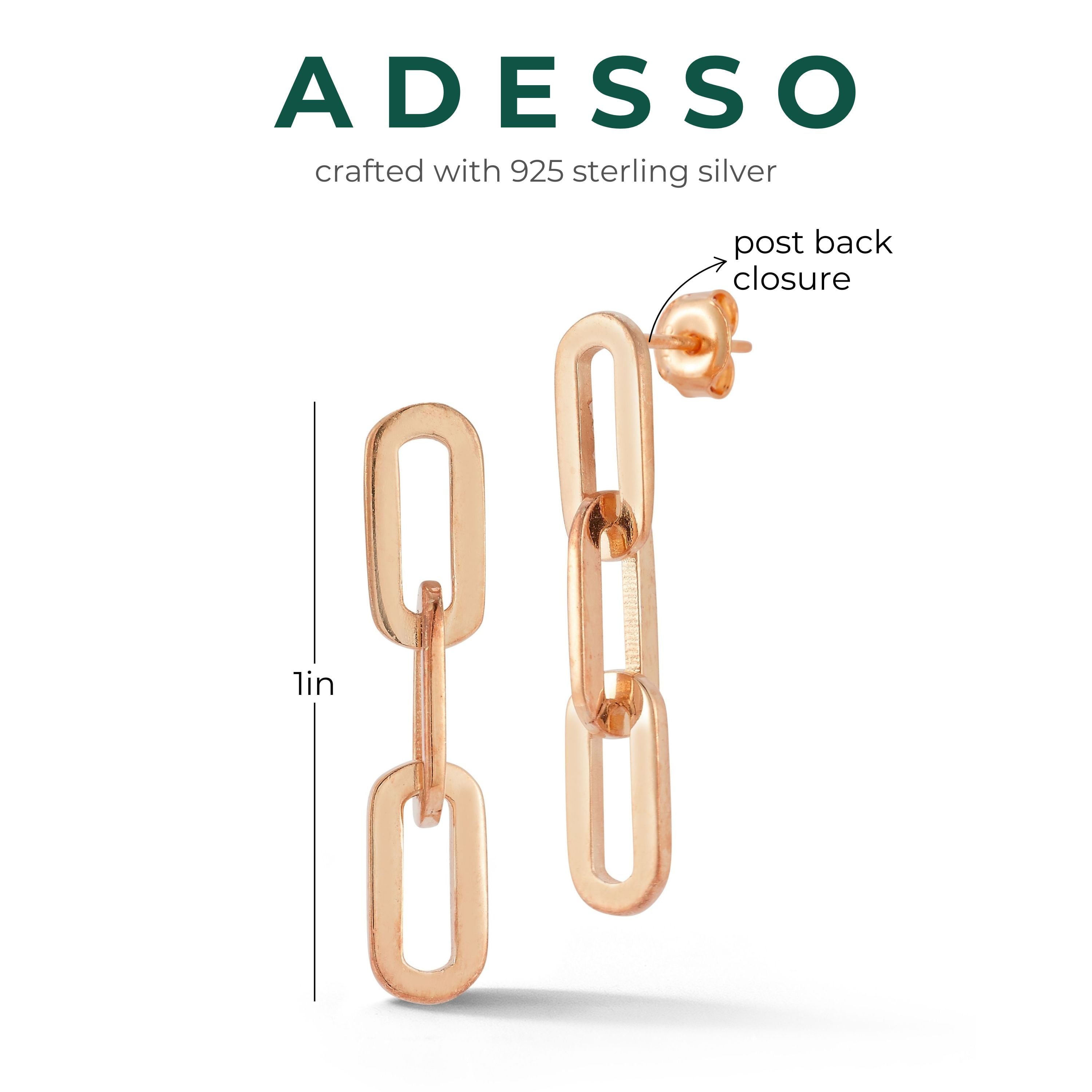 Adesso Milano Jewlery Sterling Silver Paperclip Link Drop Earrings for Women, 3 links, Rose Gold