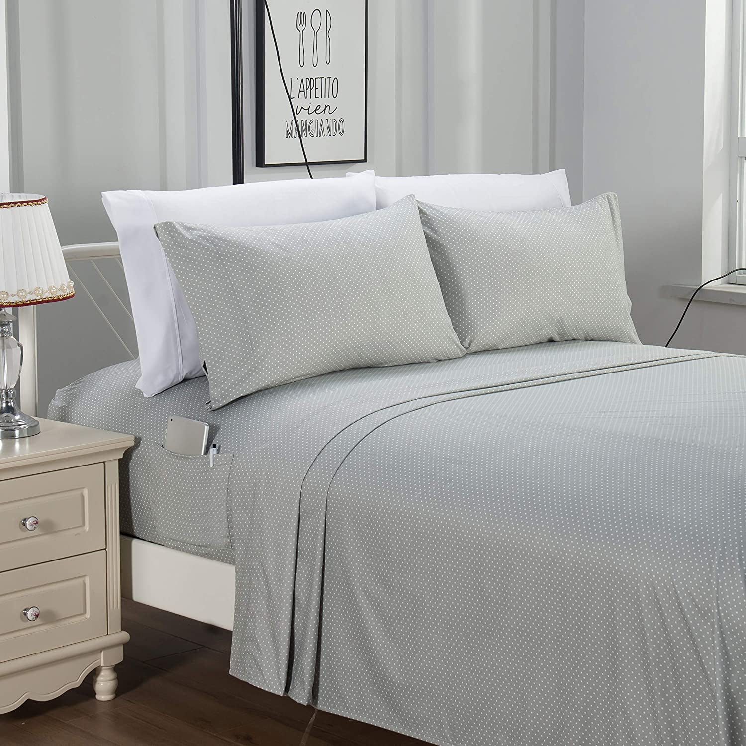 Elegant Comfort French 1500 Thread Count Grey Texture, Embroidery Polyester Flat Sheets, Twin, Fire-Resistant, Has Handles, Removable Cover, Engraved(4 Pieces)