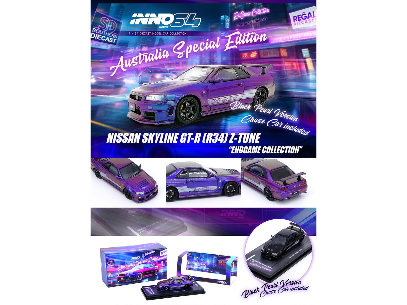 ミニカー INNO64 Nissan Skyline GT-R R34 Z-Tune 1:64 Inno64 Nissan Skyline GT-R R34 Z-Tune Chrome Blue Full