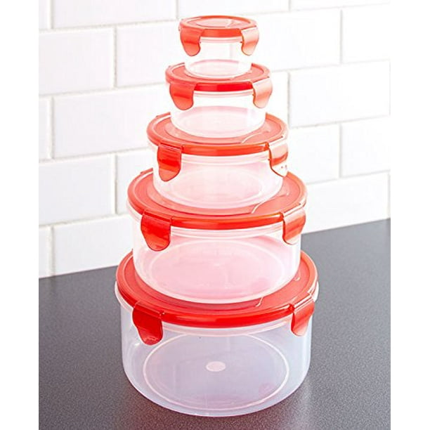 10 Pc Bowl and Locking Lid Set Red Red Cover Stackable Plastic Food