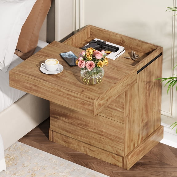 Condemo Nightstand with Gun Drawer, Farmhouse Bedside Table with Sliding Top (Light Brown)