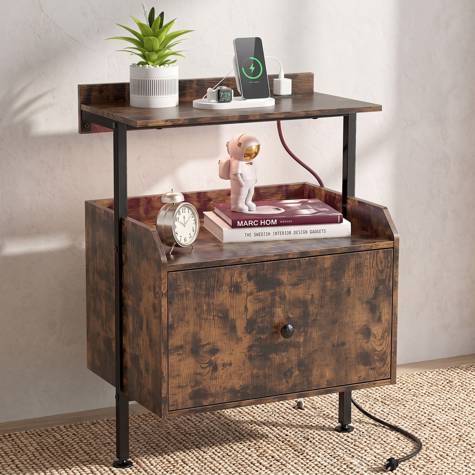 Furnibear Wall-mounted Nightstand with LED Lights and Charging Station, Floating Bedside Table with Open Shelves and Storage Drawer, Rustic Brown