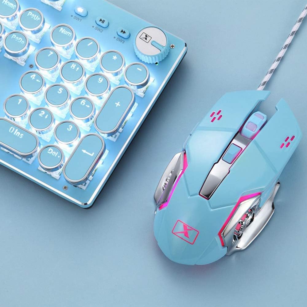 Mechanical Gaming Keyboard and Mouse Combination, Retro Steampunk Old Typewriter Keyboard with LED Backlight, 104-key Anti-ghosting Blue Switch Wired USB Metal Panel Round Keycap, Pink