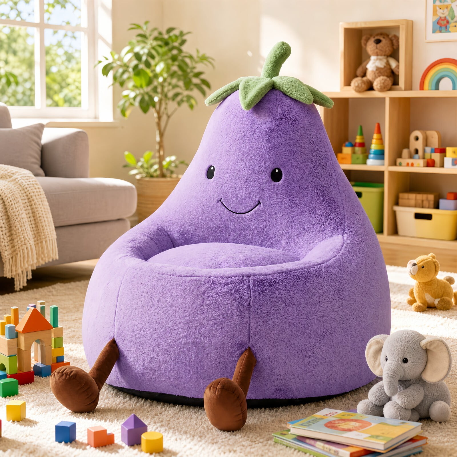 Kelno 24" Kids Bean Bag Chair Faux Rabbit Fur Lazy Chair Toddler Couch, Purple