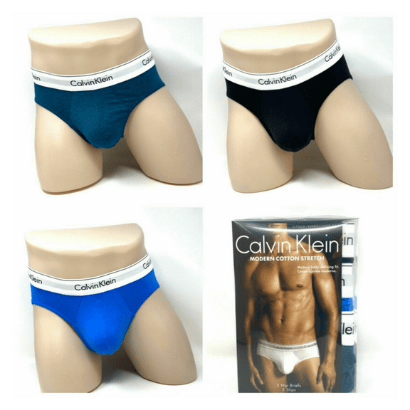 Calvin Klein Logo 3 Pack Hip Brief Blue Black Green Cotton Stretch Men, XL