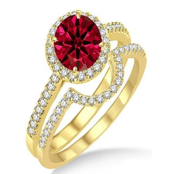 2 Carat Ruby & Diamond Halo Bridal Set Engagement Ring on 10k Yellow Gold