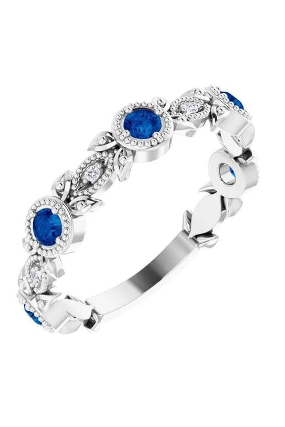 Enterprises 60752 3 CT Vintage Style Diamond Round Blue Sapphire Ring, 14K White Gold - Size 6.5