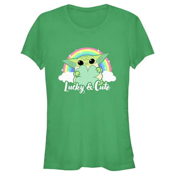 Junior's Star Wars: The Mandalorian Grogu St. Patrick's Day Rainbow Lucky and Cute Graphic Tee Kelly Green Large