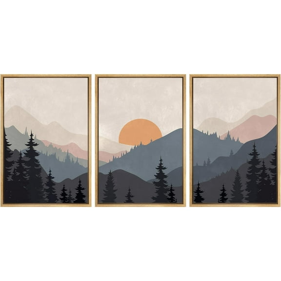 Wall26 Framed Prints Canvas Wall Art Set of 3 Blue Pastel Pine Tree Forest Mountain Landscape Nature Wilderness Illustrations Decoration Multicolor Modern Home Wall Decora - Natural 24"x36"x3