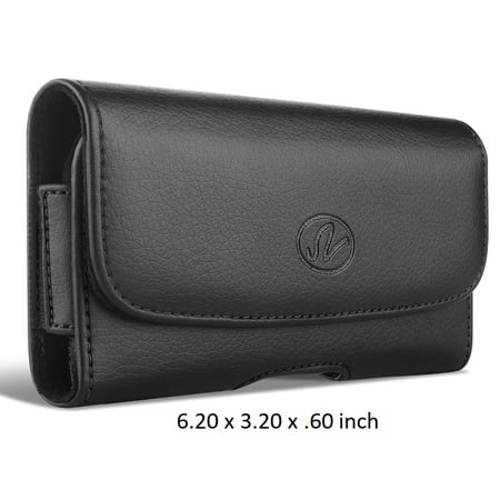 Premium Leather Sideways Pouch Case Holster with Belt Clip & Belt Loops For Essential Phone Devices - (Fits With Otterbox Defender, Commuter, LifeProof Cover On It)