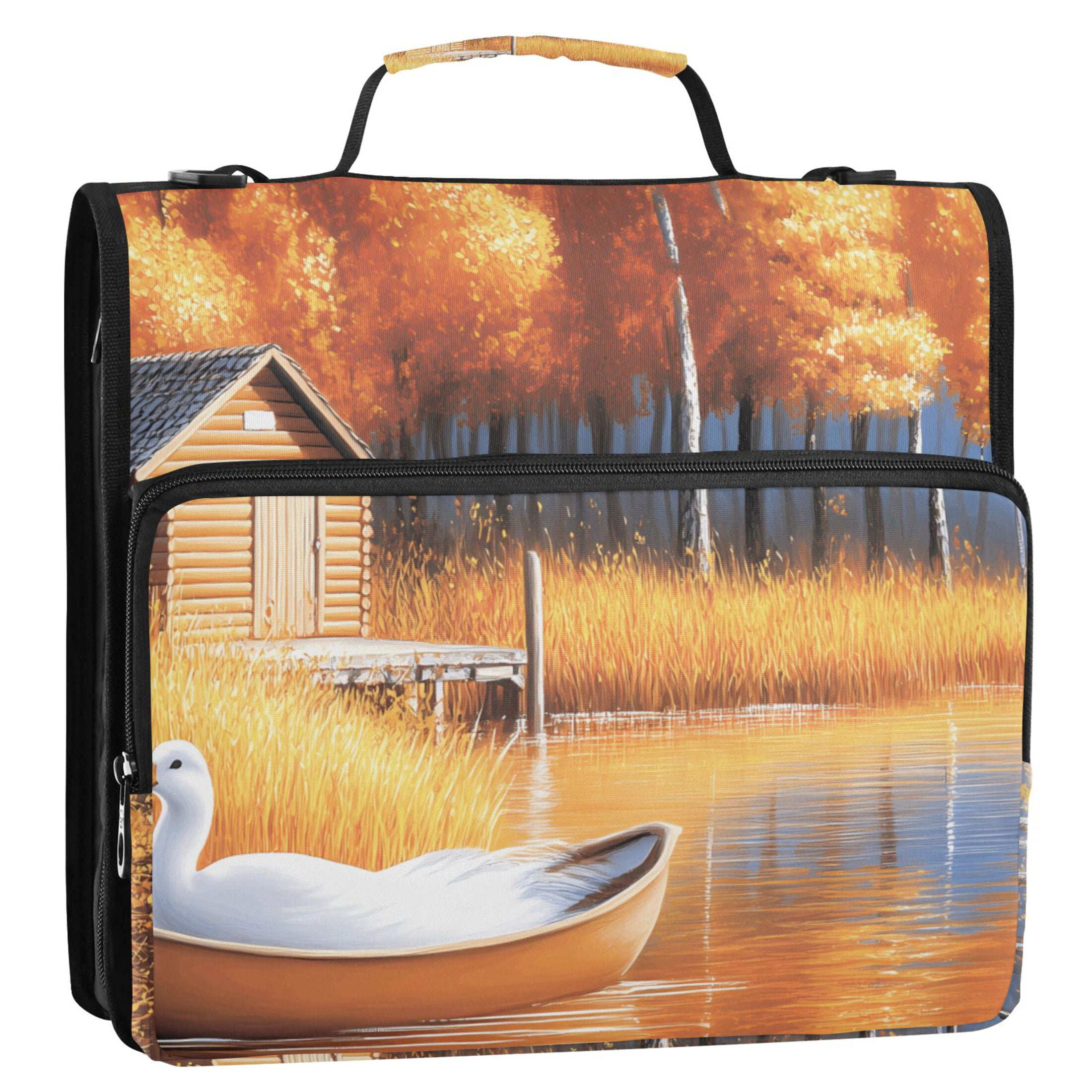 3 Ring Zipper Binder with Shoulder Strap Waterproof Trapper Keeper 2 Inch D-Ring 500 Sheets Capacity Ducks in Boat on River