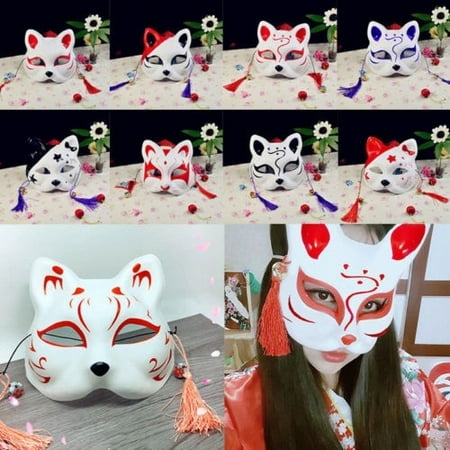 Hand-Painted Japanese Fox Mask Full Face Masquerade Party PVC Halloween ...