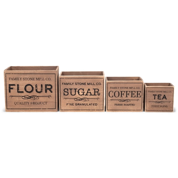 Flour Sugar Coffee Tea Natural Brown 8 x 10 Wood Decorative Paneled Box Set 4