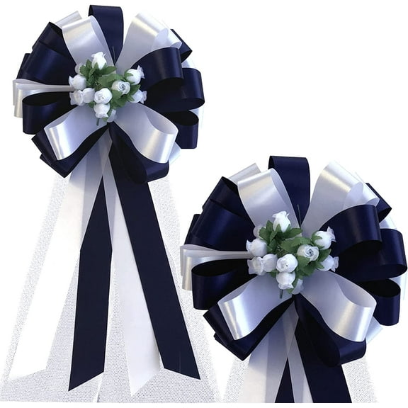 Navy Blue and White Wedding Pull Bows with Tulle Tails and Rosebuds - 8" Wide, Set of 6, Wedding Pew Bows, Aisle Decoration. Reception, Anniversary