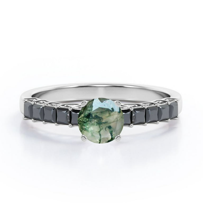 Shared Prong - 0.5 TCW Round Brilliant Cut Moss Green Agate with Lab  Created Black Diamond - Milgrain Bezel Engagement Ring 
