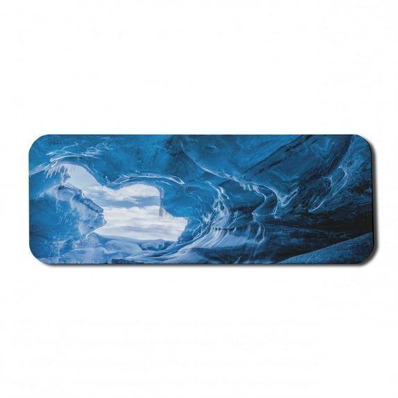 Natural Cave Computer Mouse Pad, Glacier Frozen Chilled Den in Iceland Natural Odd Forms Nordic Scandinavian Image, Rectangle Non-Slip Rubber Mousepad Large, 31" x 12" Gaming Size, Blue, by Ambesonne
