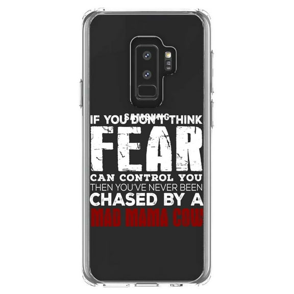 DistinctInk Clear Shockproof Hybrid Case for Samsung Galaxy S9  PLUS (6.2" Screen) - TPU Bumper Acrylic Back Tempered Glass Screen Protector - Never Been Chased By A Mad Mama Cow