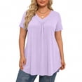 thumbnail image 5 of Trendy V Neck Pleated T Shirts for Women Plus Size Short Sleeve Tops Comfortable Soft Solid Color Loose Fit Curved Hem Dressy Summer Tees Light Purple XXL, 5 of 6