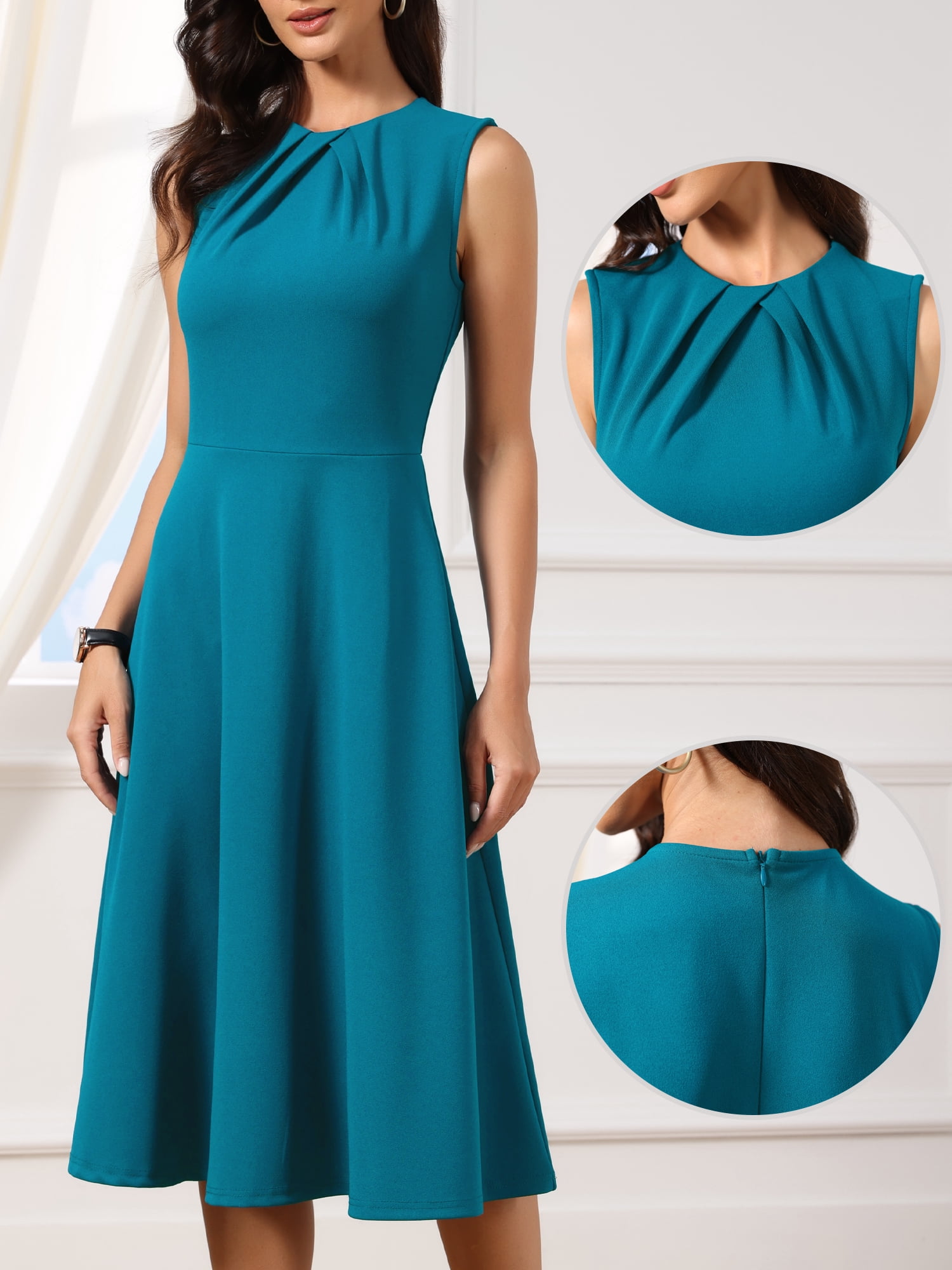DARING DIVA Women's A Line Midi length Crew Neck Dress with Sleeveless Design XS Blue