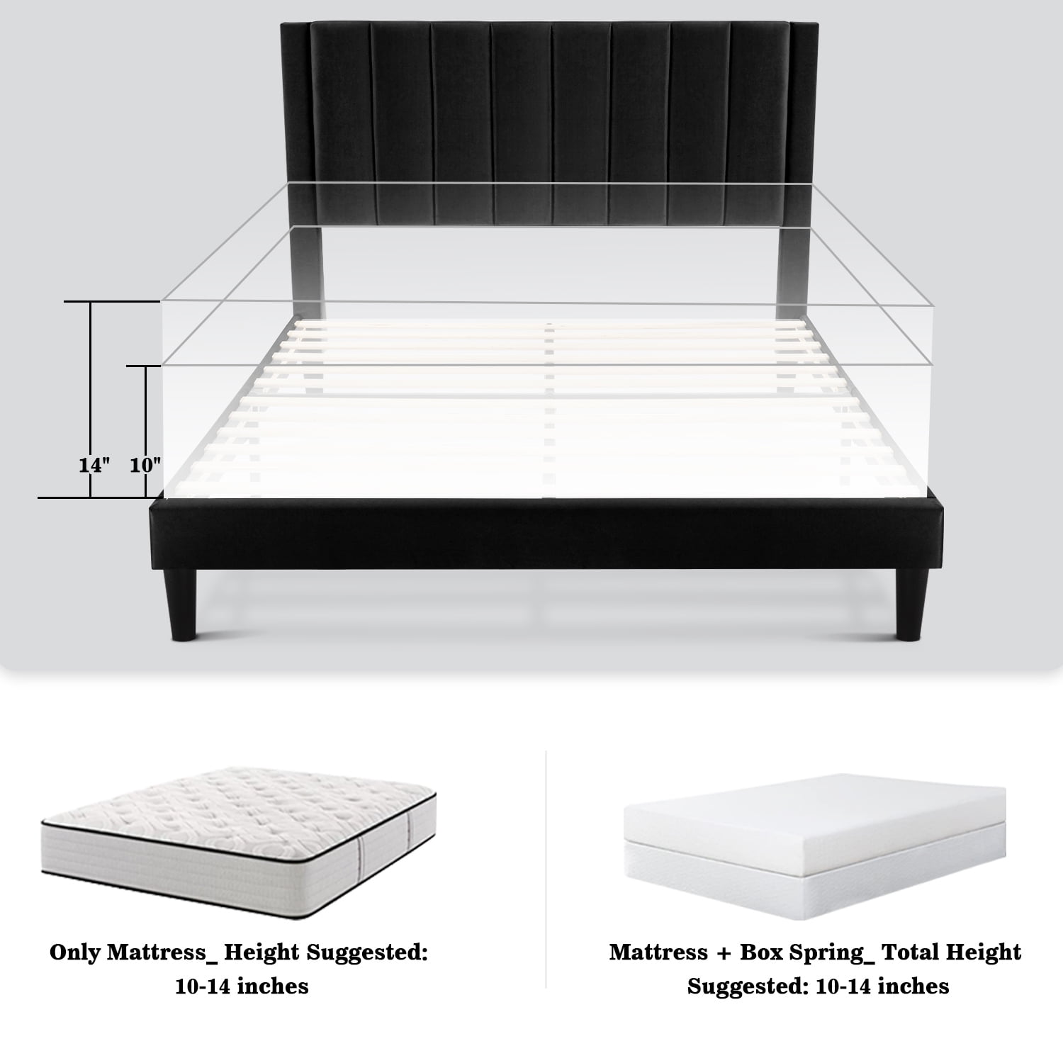 Allewie Queen Velvet Upholstered Bed Frame with Vertical Channel Tufted Headboard, Black