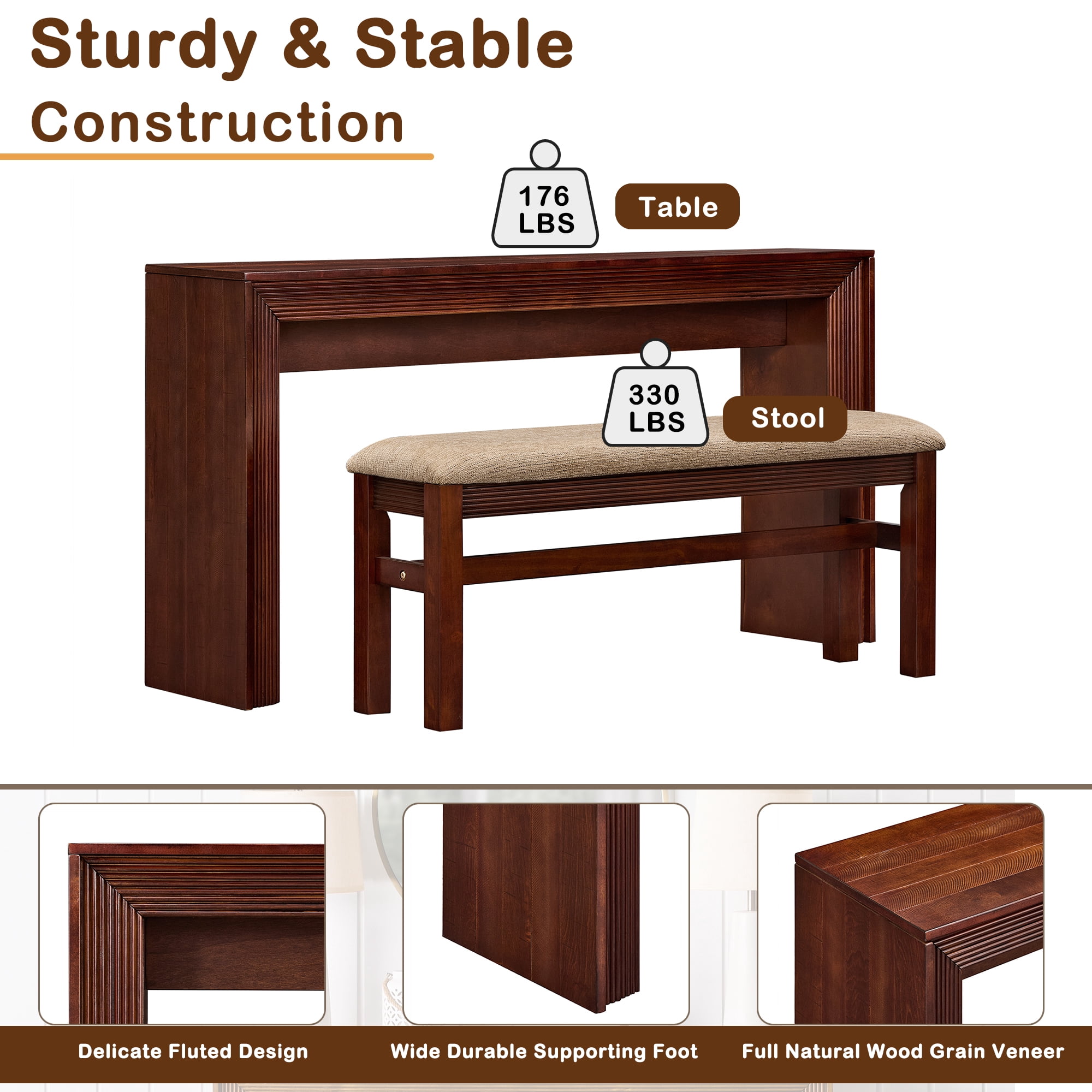 Fluted Counter Height Bar Table Set for 2, Dining Table with Fabric Upholstered Bar Stool with Solid Wood Legs, Dining Table Behind Couch for Breakfast