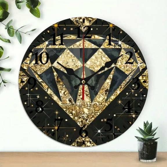 YILUYINQING Diamonds Gold Sparkles Art Deco Round Wooden Wall Clock Battery Operated, Wall Decor for Living Room, Kitchen, Dorms, 10 Inches, Easy to Read 10x10in
