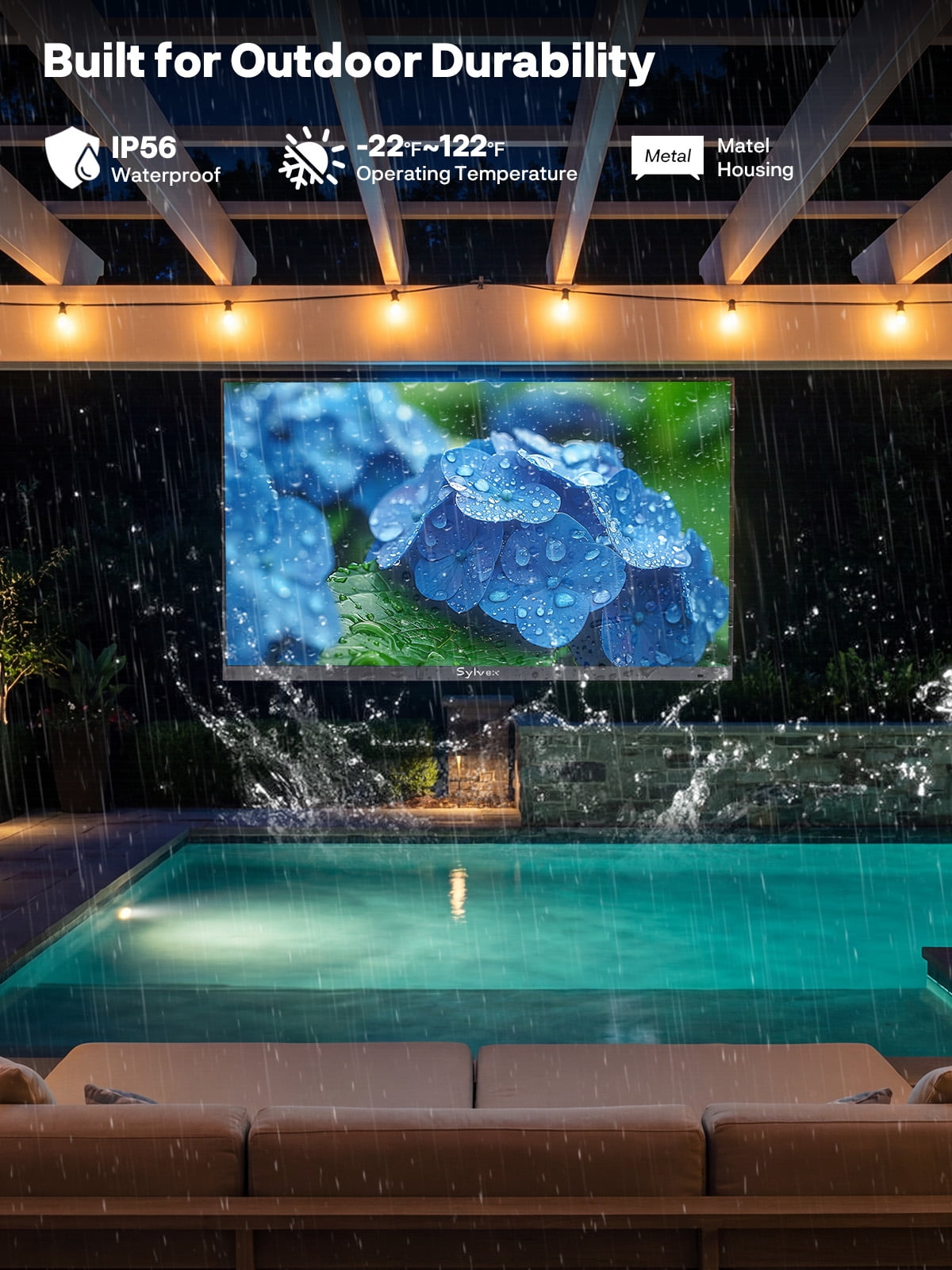 SYLVOX 43 inch Outdoor TV, Ultra-Narrow Bezel, IP56 Waterproof, Google TV OS w/AI Wallpaper, Dolby Atmos, 1000 Nits Brightness for Partial Sun (Frameless, 2026)