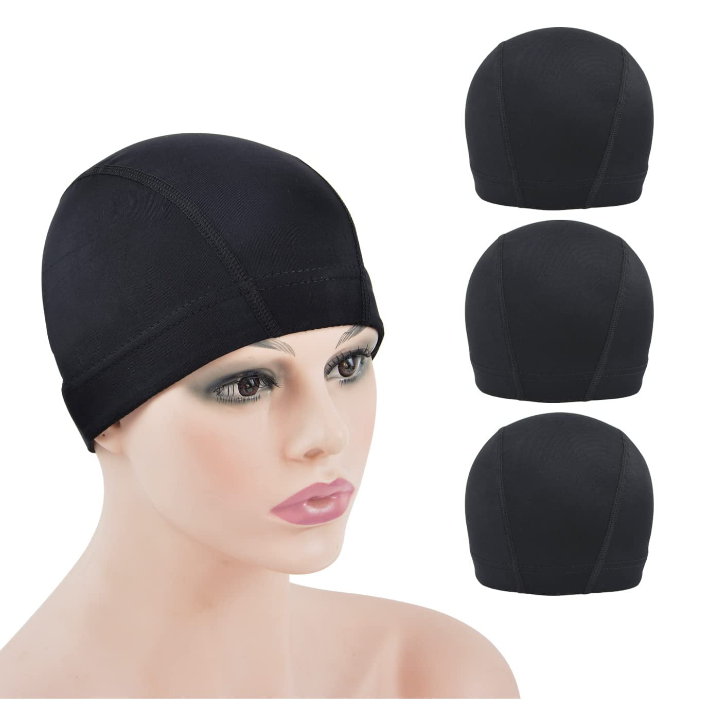 3 Pcs Dome Cap Wig Caps for Making Wig Stretchy Wig Cap with Wide Elastic Band (Black Dome Cap L