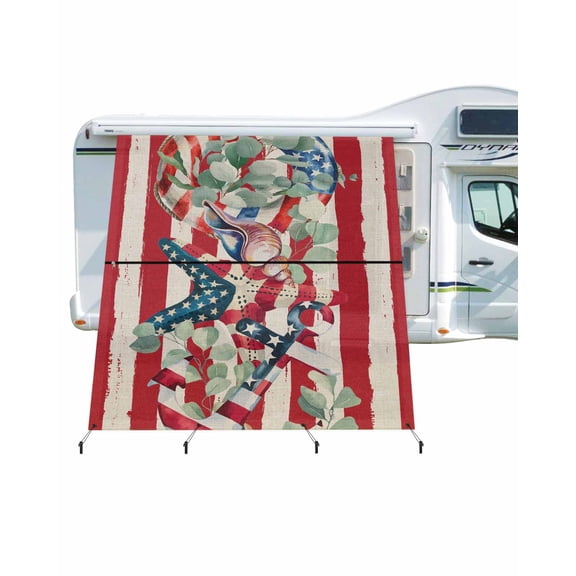 4th of July RV Awning Sun Shade Screen 9'X7' Patriotic Starfish Anchor Mesh Sunscreen Red Stripes Leaves Awning Shade Screen with Zipper UV Blocker Completed Kits for RV Motorhome Camper