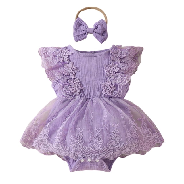 MIASHUI Barboteuse Robe Sans Manches Brodée de Fleurs pour Bébé Filles avec Bandeau, Violet, 9-12 Mois
