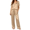 thumbnail image 5 of Silk Pajamas for Women 2 Piece Satin Pjs Cap Short Sleeve Sleepwear V Neck Shirt Long Pant Lounge Sets Beige XL(XL), 5 of 6
